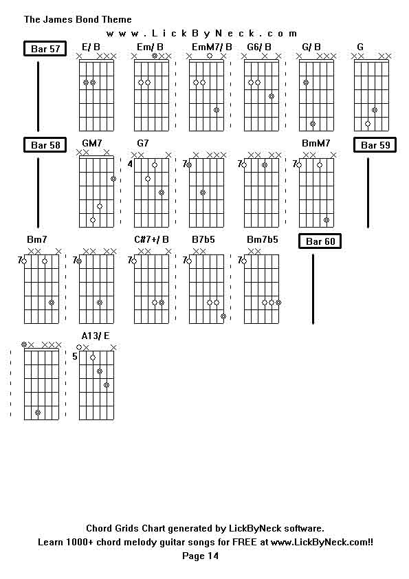 Chord Grids Chart of chord melody fingerstyle guitar song-The James Bond Theme,generated by LickByNeck software.